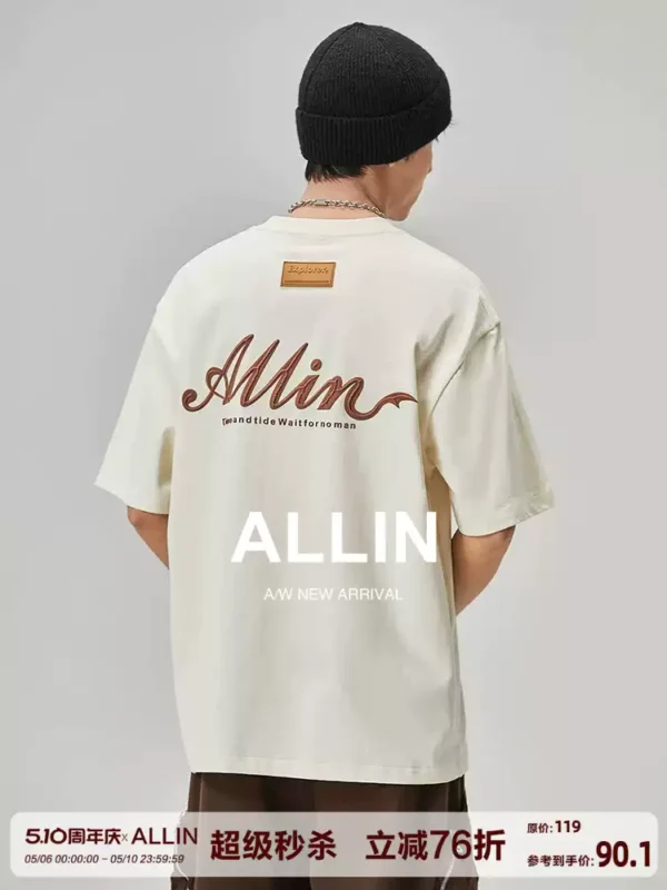 ALLIN 字母印花短袖t恤男夏季潮牌圆领宽松重磅纯棉情侣半袖上衣