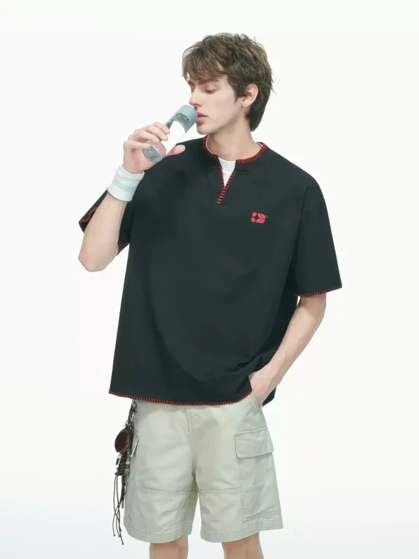 Dream made 老钱风V领假两件手缝线短袖T恤男款夏季重磅男生半袖