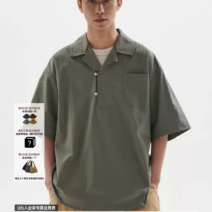 BUTTBILL 复古半开领衬衫短袖男情侣外套宽松套头廓形夏季衬衣服