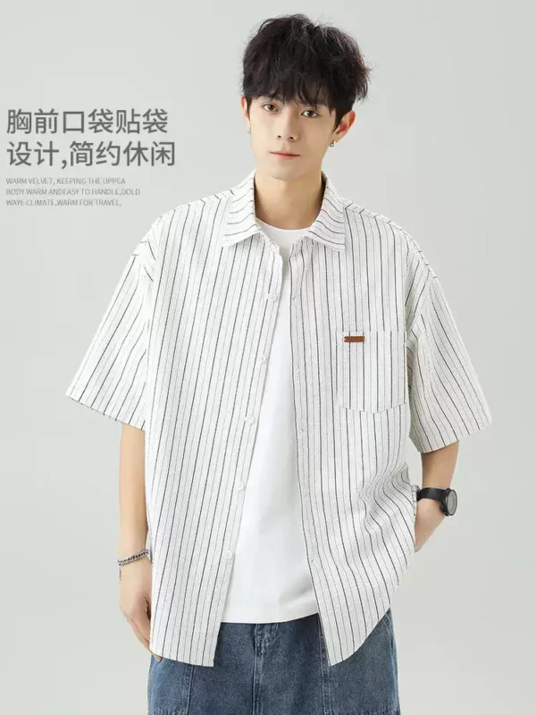 【我的速度】翻领条纹衬衫男士夏季短袖日系撞色潮牌复古衬衣外套
