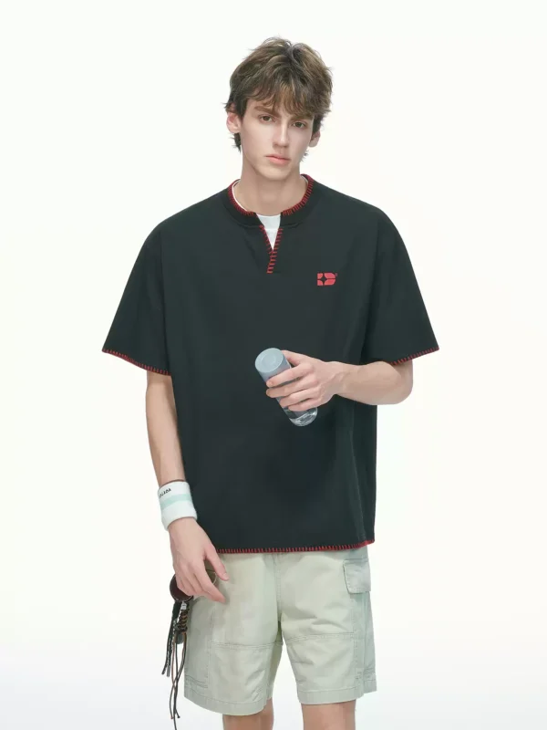 Dream made 老钱风V领假两件手缝线短袖T恤男款夏季重磅男生半袖
