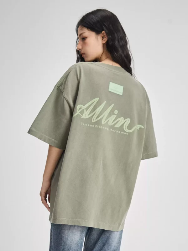 ALLIN 重磅圆领短袖t恤男夏季字母立体印花纯棉情侣水洗半袖上衣