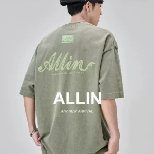 ALLIN 重磅圆领短袖t恤男夏季字母立体印花纯棉情侣水洗半袖上衣