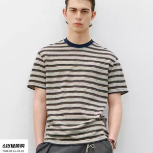 714street复古老钱风花纱条纹短袖T恤男2026夏季宽松半袖情侣体恤