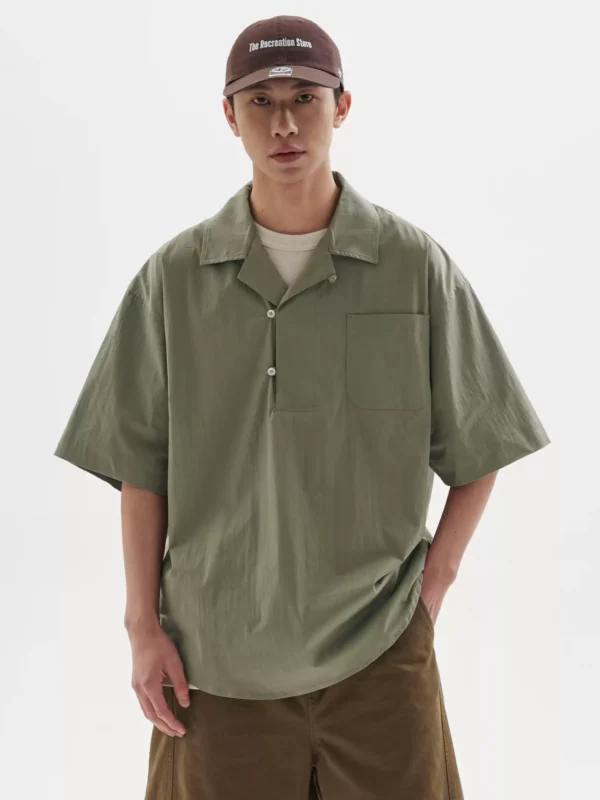 BUTTBILL 复古半开领衬衫短袖男情侣外套宽松套头廓形夏季衬衣服