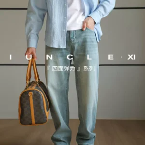 IUNCLEXI【四面弹力】夏季薄款8.5OZ莱赛尔蓝色牛仔裤男休闲长裤