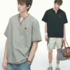 Dream made 老钱风V领假两件手缝线短袖T恤男款夏季重磅男生半袖